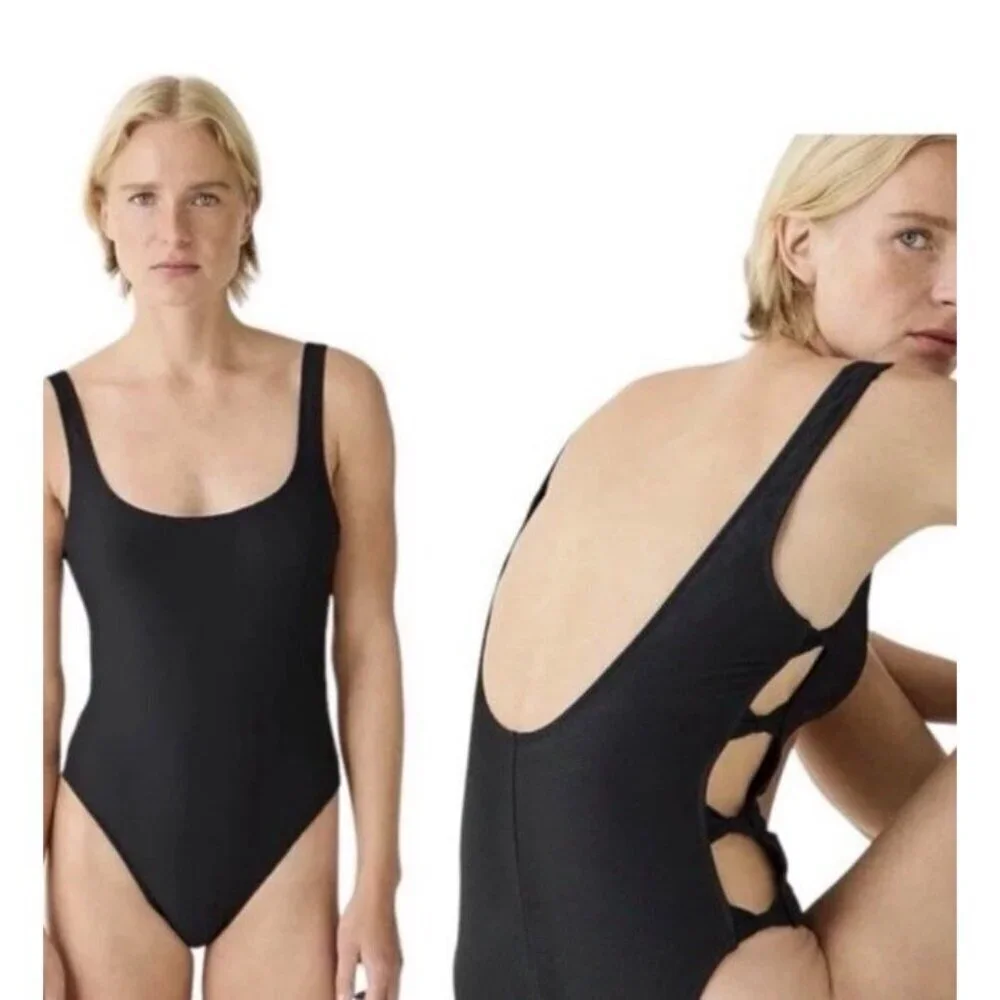 NWT J.Crew Ribbed Side Bow One Piece Swimsuit Black Size 24 Cruise Cutout